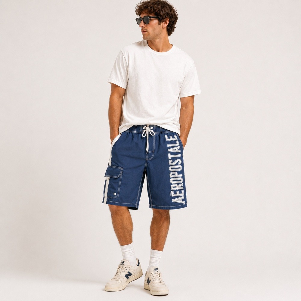 Aeropostale Mens Y2K Board Shorts Navy Blue White Stripe Cargo Surf Trunks XS